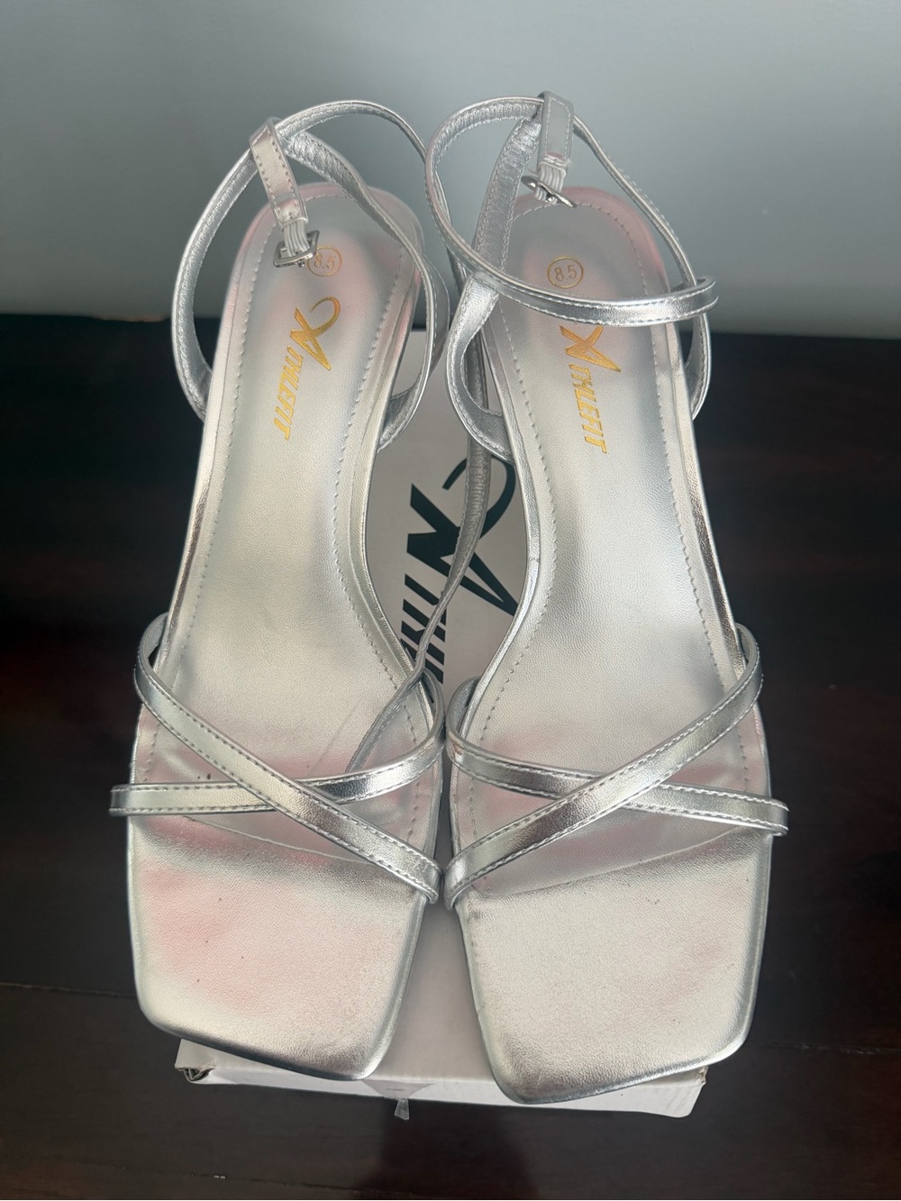 X-Current Silver Strappy Square-Toe Heels